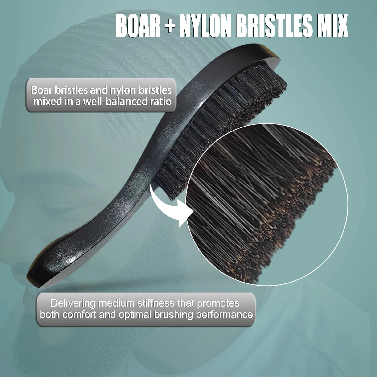 Gracemen 360 Wave Brush for Man Curved Hair Brush Medium Stiffness Black Color Beard Hair Brush for Afro Gentlemen