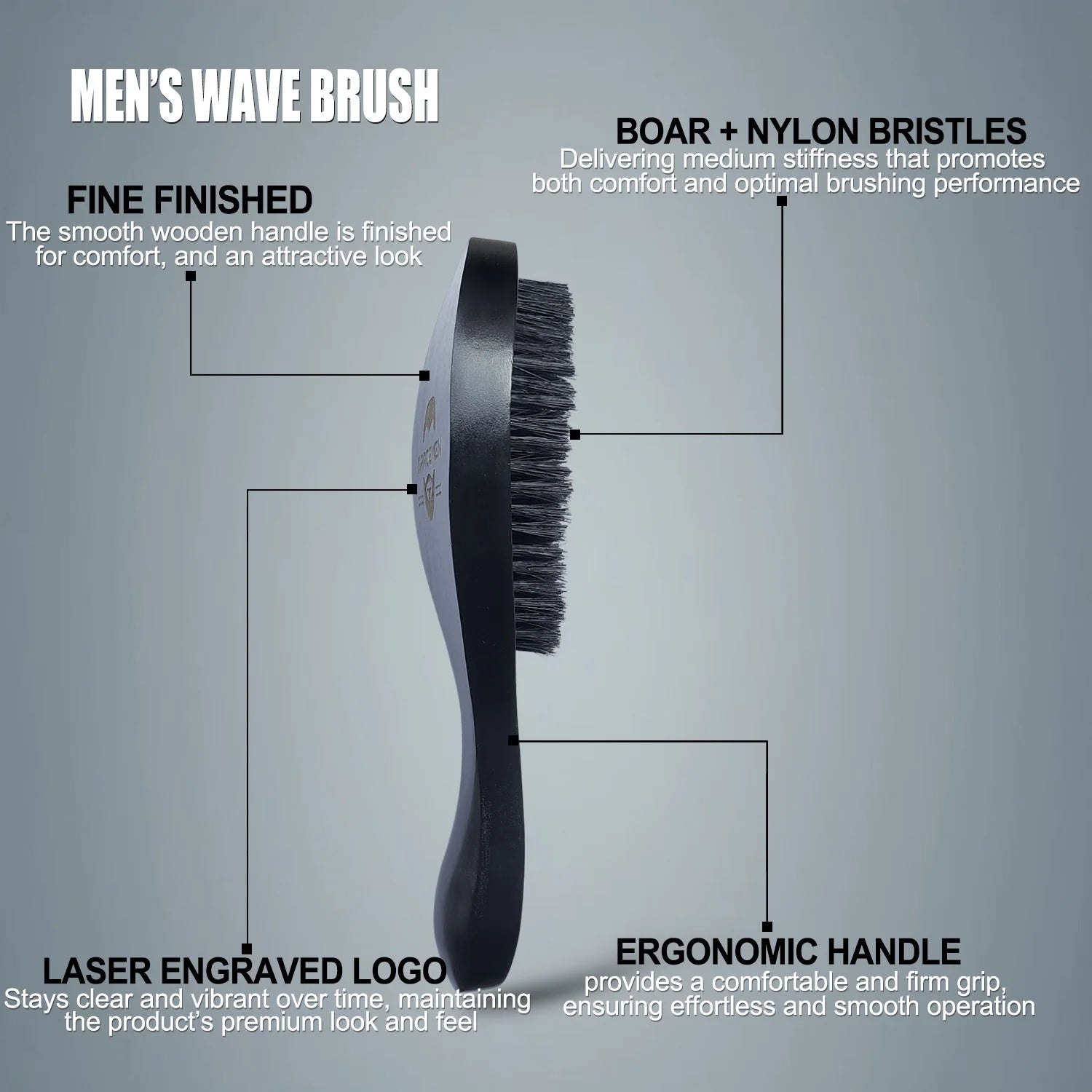 Gracemen 360 Wave Brush for Man Curved Hair Brush Medium Stiffness Black Color Beard Hair Brush for Afro Gentlemen