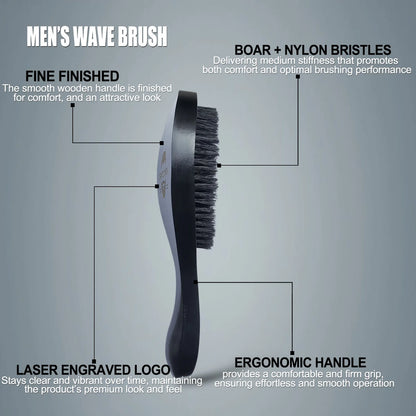 Gracemen 360 Wave Brush for Man Curved Hair Brush Medium Stiffness Black Color Beard Hair Brush for Afro Gentlemen